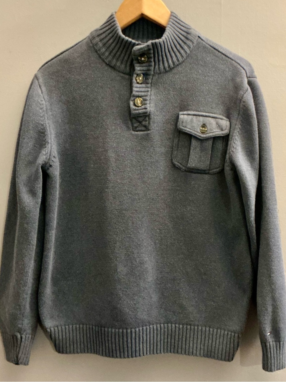 Tommy Hilfiger Boys L 16/18 Blue Gray Mock Neck Sweater Elbow Patch Pullover